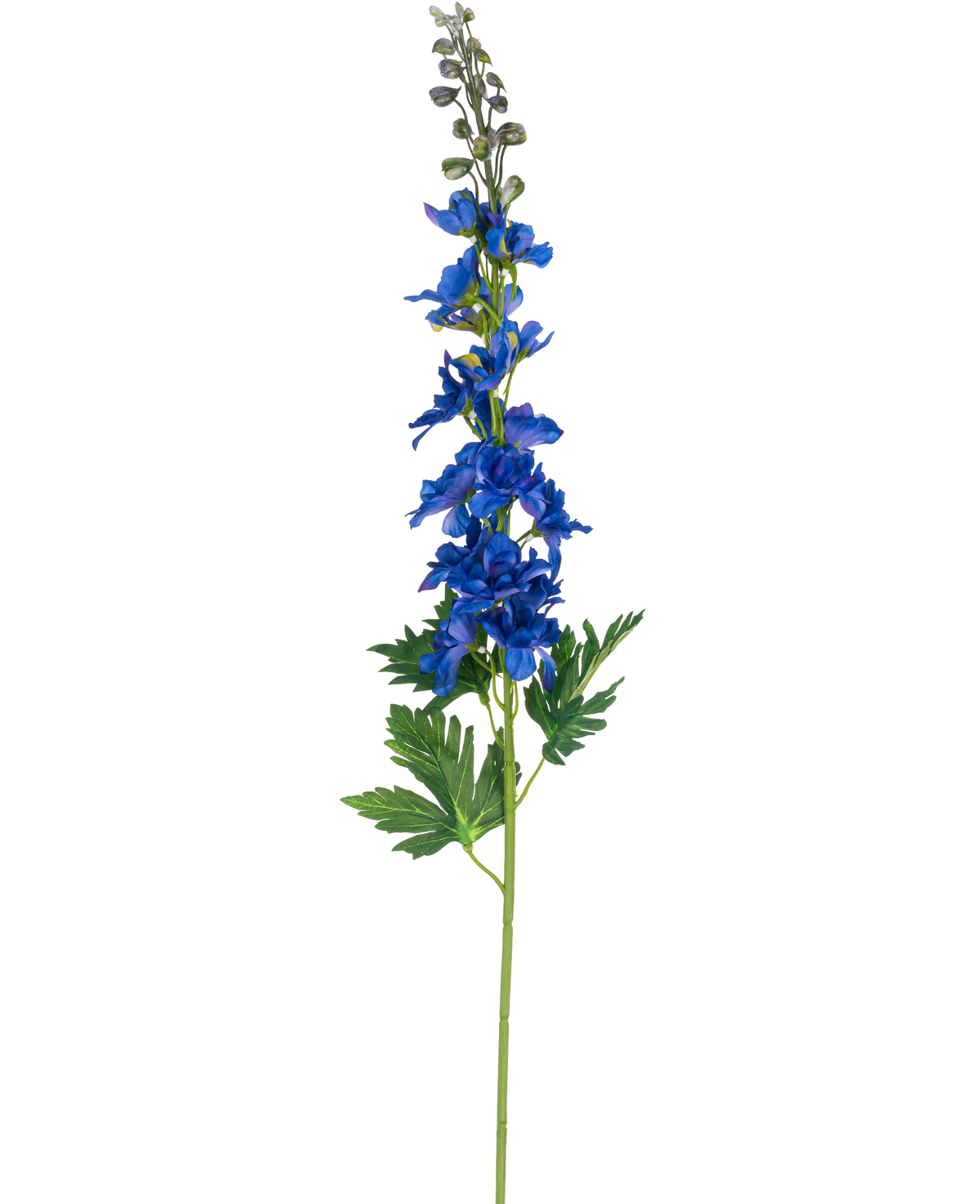 Fiore artificiale Delphinium a stelo singolo di colore blu da 79 cm con fiori blu e foglie verdi divise, su sfondo bianco.