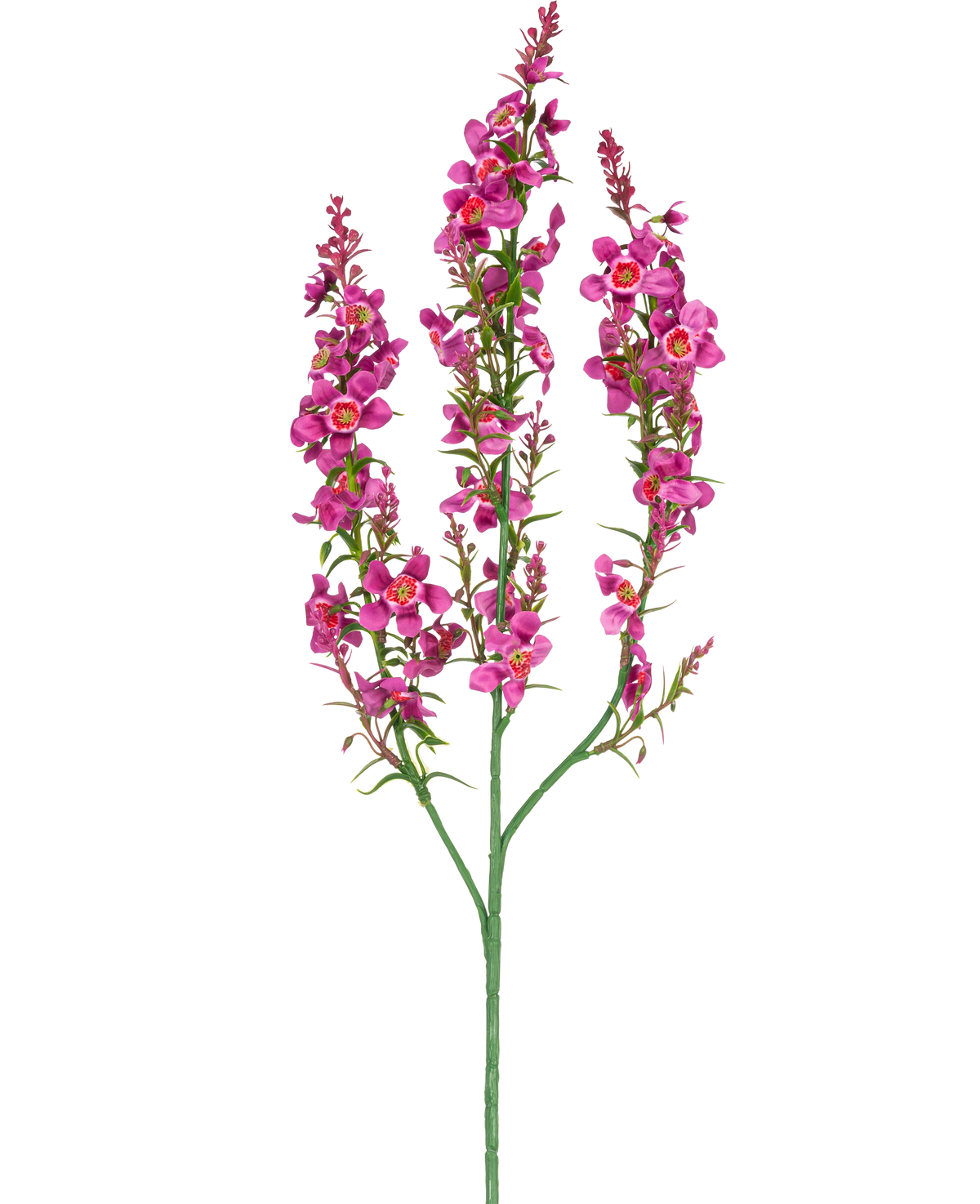 Un fiore artificiale di erba gatta da 75 cm rosa chiaro ha un unico stelo verde con tre rami, ciascuno con grappoli di piccoli fiori rosa chiaro e foglie verdi, su uno sfondo bianco semplice.