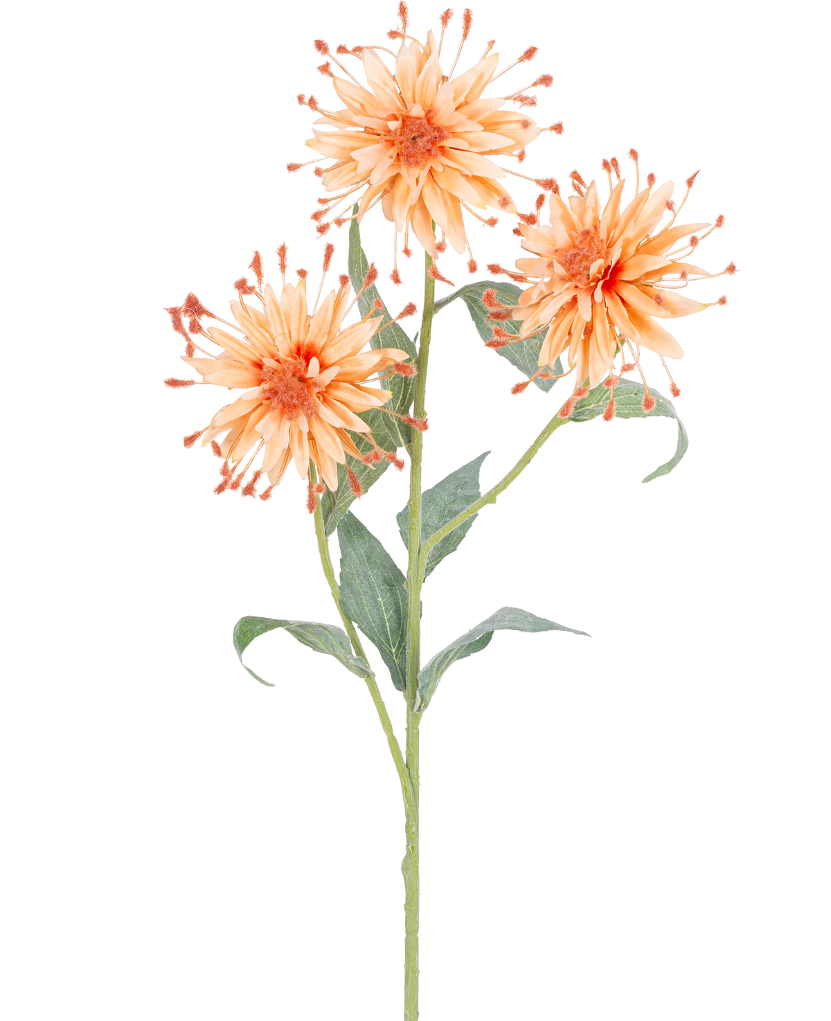 Un fiore artificiale Scabiosa Japonica con stelo di pesca di 70 cm con tre fiori artificiali arancioni, petali appuntiti e foglie verdi, raffigurato su uno sfondo bianco.