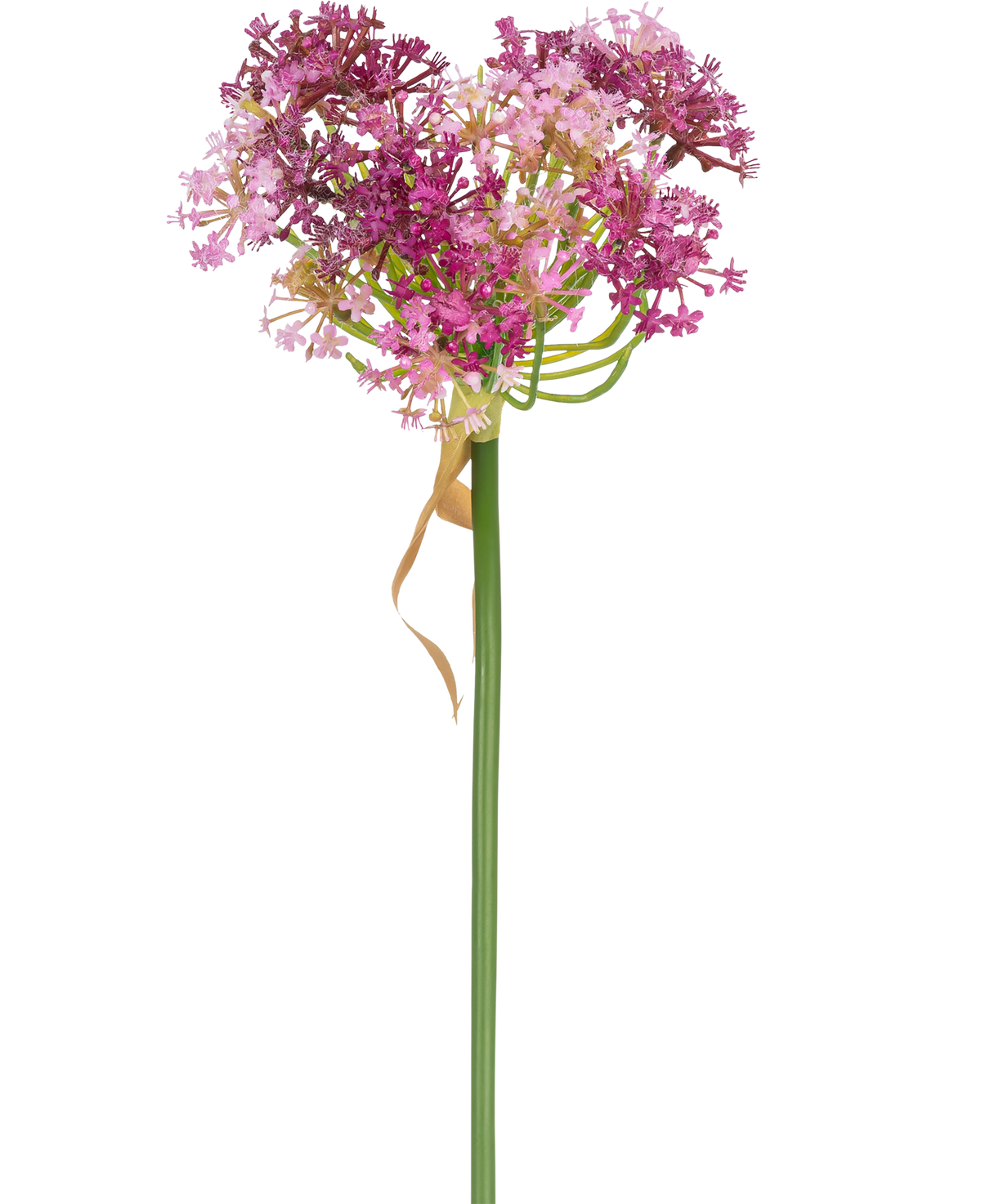 Il fiore artificiale Allium viola da 60 cm ha un alto stelo verde con un grappolo a forma di cuore di piccoli fiori rosa e viola, accentuato da una sottile foglia marrone chiaro essiccata che si trova liberamente attorno allo stelo, su uno sfondo bianco.