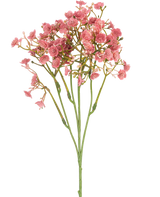 De Kunsttak Gipskruid 48 cm vintage roze heeft een enkele groene steel met meerdere dunne takken, elk versierd met trosjes kleine, ronde roze bloemen, alles tegen een effen witte achtergrond.