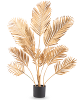 La palma artificiale Areca gold da 120 cm ha foglie di palma color oro metallizzato in un vaso nero, su uno sfondo bianco semplice.