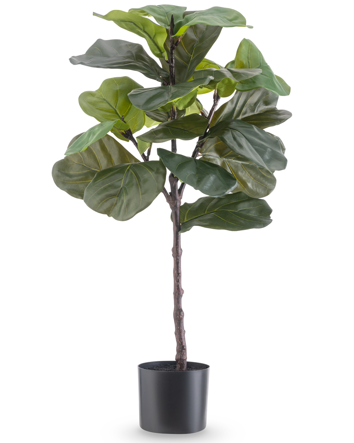 La pianta artificiale Ficus Tabacco Deluxe 90 cm è una pianta d'appartamento artificiale alta con grandi foglie verdi lucide in un vaso nero, raffigurata su un semplice sfondo bianco.