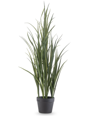 L'erba artificiale verde UV 90 cm è una pianta artificiale alta con foglie verdi lunghe e sottili che stanno in piedi in un vaso grigio scuro su uno sfondo bianco semplice.