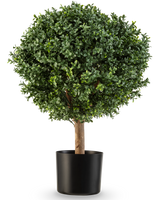 Il bosso artificiale su stelo stile romano UV 65 cm ha una forma rotonda, verde lussureggiante con fogliame denso in un semplice vaso nero, perfetto per aggiungere eleganza su uno sfondo bianco.