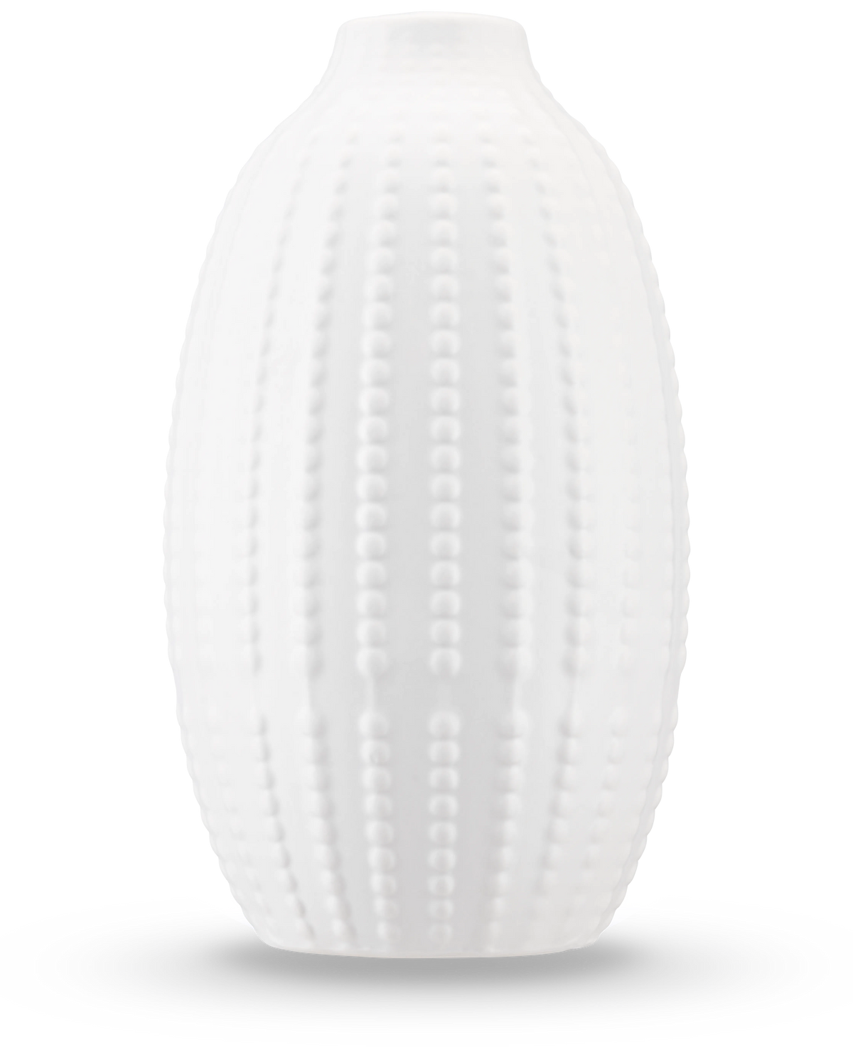 Il vaso Little Flora da 21 cm in bianco sporco è un vaso in ceramica opaca con un motivo puntinato in rilievo ispirato ai ricci di mare - ideale per fiori artificiali - su uno sfondo bianco a tinta unita.