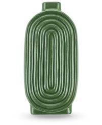 De Vaas Breaths 24 cm groen heeft een ovale, geribbelde vorm en een kleine opening bovenaan, ideaal als keramieken vaas voor kunstbloemen. Staat rechtop op een lichte achtergrond.