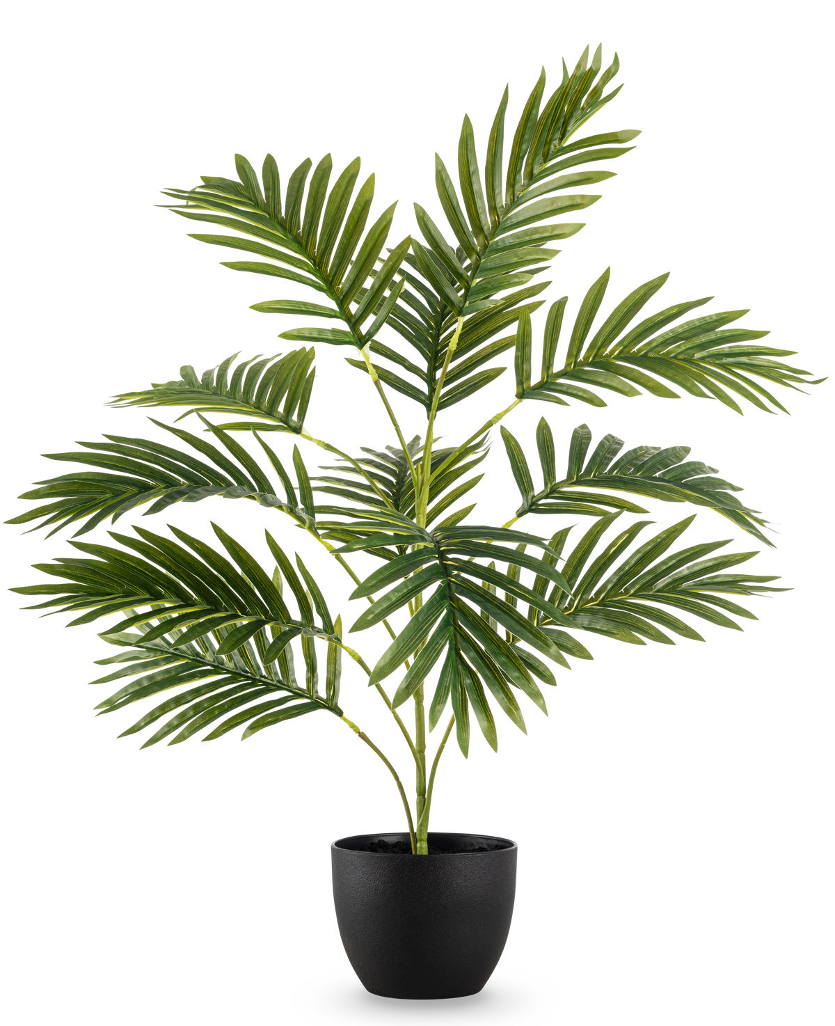 La palma artificiale Phoenix da 65 cm, con foglie verdi lussureggianti, si trova in un elegante vaso decorativo nero su uno sfondo bianco a tinta unita.