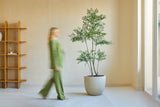 Una persona vestita di verde passa davanti alla pianta artificiale Ruscus alta 180 cm, una pianta in vaso alta in una stanza minimalista con pareti chiare, una finestra e una mensola in legno. La figura appare vagamente in movimento.