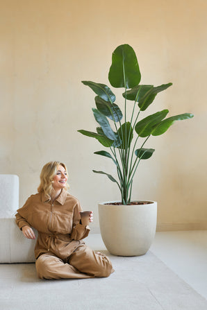 Una donna con una tuta marrone siede sorridente sul pavimento con una tazza di caffè accanto, accanto alla pianta artificiale Strelitzia 180 cm, un vero tocco in una stanza minimalista con pareti beige.