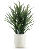 De Kunstplant Bostonvaren 127 cm heeft lange, smalle groene bladeren die omhoog en naar buiten groeien. Ze staat in een gladde witte pot tegen een effen witte achtergrond.