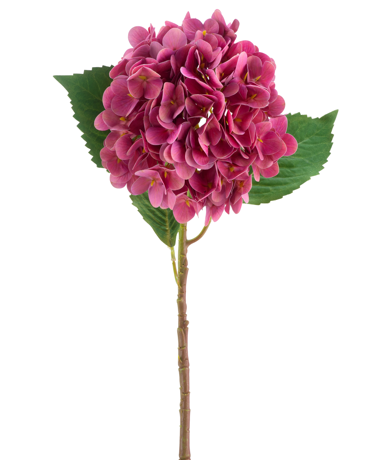 Un fiore artificiale di ortensia Real Touch rosso porpora con foglie verdi, alto 58 cm.