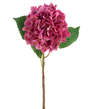 Un fiore artificiale di ortensia Real Touch rosso porpora con foglie verdi, alto 58 cm.