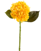 De Kunstbloem Charlotte Hortensia Real Touch in geel, 55 cm, is een enkele kunsthortensiabloem met groene bladeren en een lange steel, tegen een witte achtergrond.