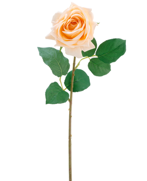 Il fiore artificiale Crystal touch rosa idratante Real Touch in champagne è un'unica rosa artificiale con foglie verdi su uno stelo sottile lungo 43 cm, raffigurata su un semplice sfondo bianco.