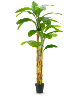 De Kunstplant Bananenboom 270 cm heeft brede groene bladeren en geelgroene stelen in een kleine zwarte pot, tegen een effen witte achtergrond.