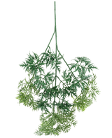 De Kunsttak Ming Aralia-spray 72 cm heeft groene, vederlichte kunstbladeren met fijne, naaldachtige randen in verschillende groene tinten, ondersteboven hangend tegen een witte achtergrond.
