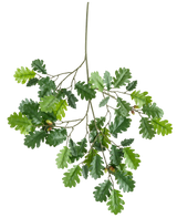 De Kunsttak Eikentak 67 cm FR heeft een tak met verschillende groene eikenbladeren en een paar eikels tegen een witte achtergrond.