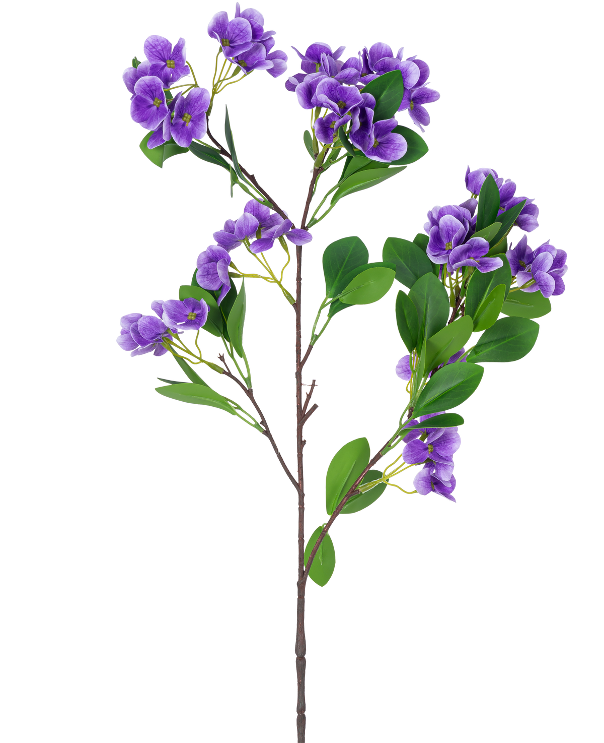 Il fiore artificiale Snowball Real Touch Lilla 80 cm ha un singolo ramo artificiale con mazzi di vivaci fiori lilla e foglie verdi su steli multipli, su uno sfondo bianco semplice.