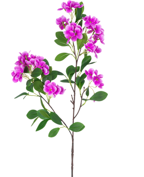 De Kunstbloem Sneeuwbal Real Touch Paars 80 cm heeft een enkele steel met verschillende trossen levendige paarse bloemen en weelderige groene bladeren, prachtig gepresenteerd tegen een witte achtergrond.