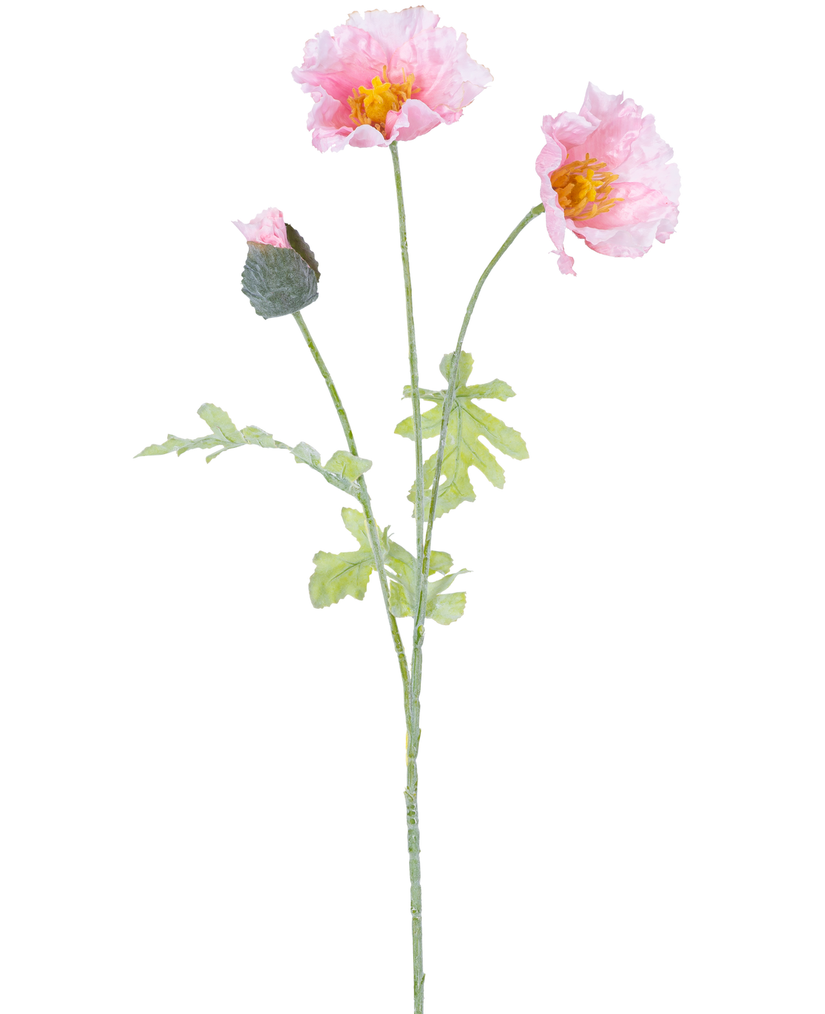 Il fiore artificiale Papavero 73 cm rosa chiaro ha un unico stelo con due fiori di papavero rosa chiaro aperti, un bocciolo chiuso, balze nei petali, cuori gialli e foglie verdi su sfondo bianco.