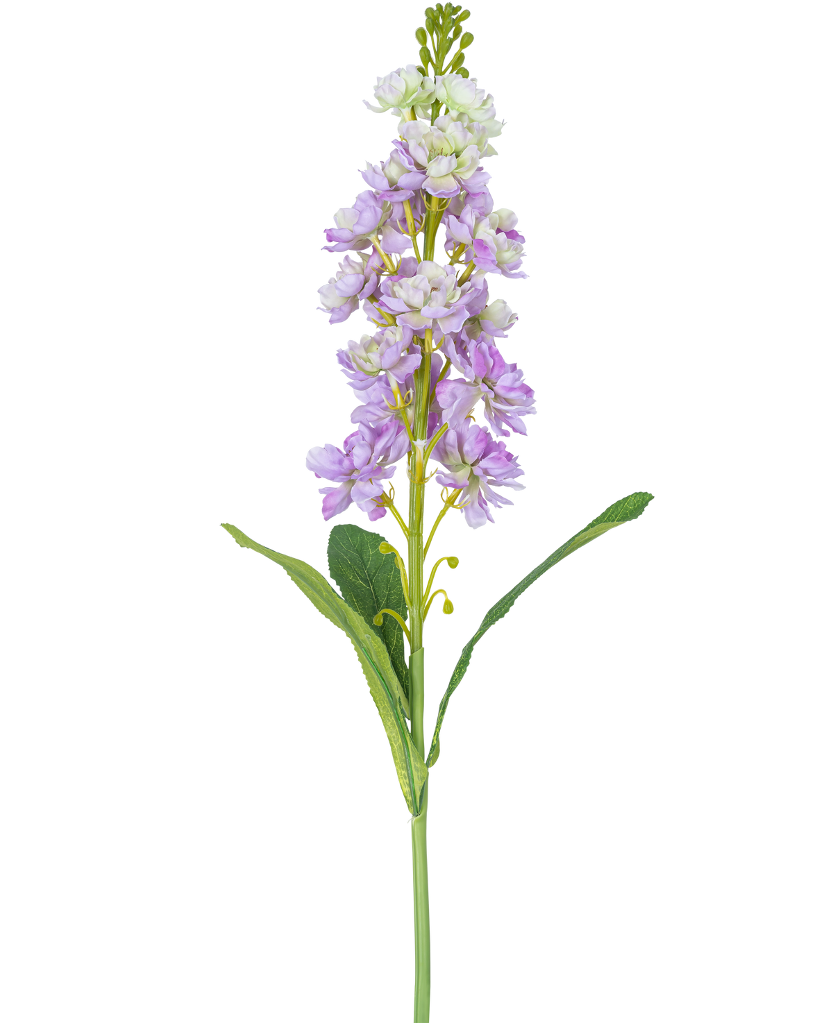 Un singolo fiore Violier artificiale di 78 cm di colore viola chiaro e bianco con foglie verdi, su sfondo bianco.
