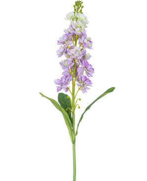 Een enkele Kunstbloem Violier 78 cm in lichtpaars en wit met groene bladeren, tegen een witte achtergrond.