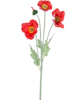 De Kunstbloem Poppy Real Touch rood 60 cm heeft een enkele steel met drie levendige rode papaverbloemen, een gesloten knop en groene bladeren, tegen een effen witte achtergrond.