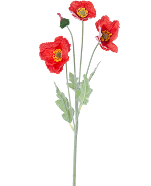De Kunstbloem Poppy Real Touch rood 60 cm heeft een enkele steel met drie levendige rode papaverbloemen, een gesloten knop en groene bladeren, tegen een effen witte achtergrond.