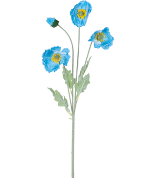 Il Fiore Artificiale Papavero Real Touch Blu 60 cm ha un unico stelo con tre fiori di papavero blu e foglie verdi; due fiori sono aperti con il centro giallo e un fiore rimane un bocciolo chiuso, il tutto isolato su uno sfondo bianco.