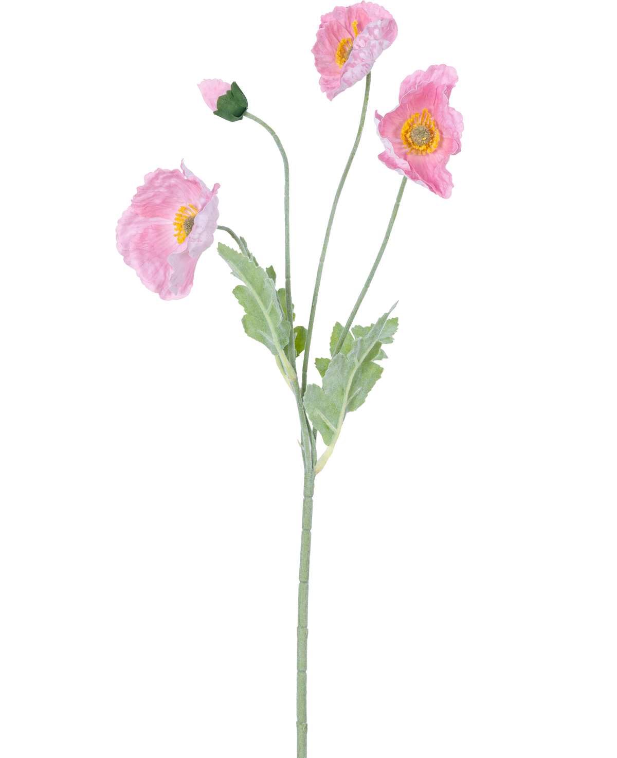 Papavero artificiale Real Touch Pink 60 cm: un papavero rosa realistico con tre fiori aperti e un bocciolo chiuso su steli verdi e foglie verde chiaro, raffigurato su uno sfondo bianco.