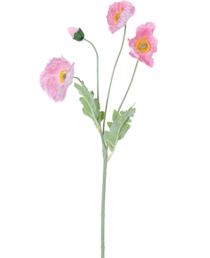 Papavero artificiale Real Touch Pink 60 cm: un papavero rosa realistico con tre fiori aperti e un bocciolo chiuso su steli verdi e foglie verde chiaro, raffigurato su uno sfondo bianco.
