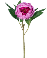De Kunstbloem Lotus pioenroos Real Touch in paars, 58 cm lang, heeft gelaagde bloembladen, groene bladeren en een lange steel. Afgebeeld tegen een effen witte achtergrond.