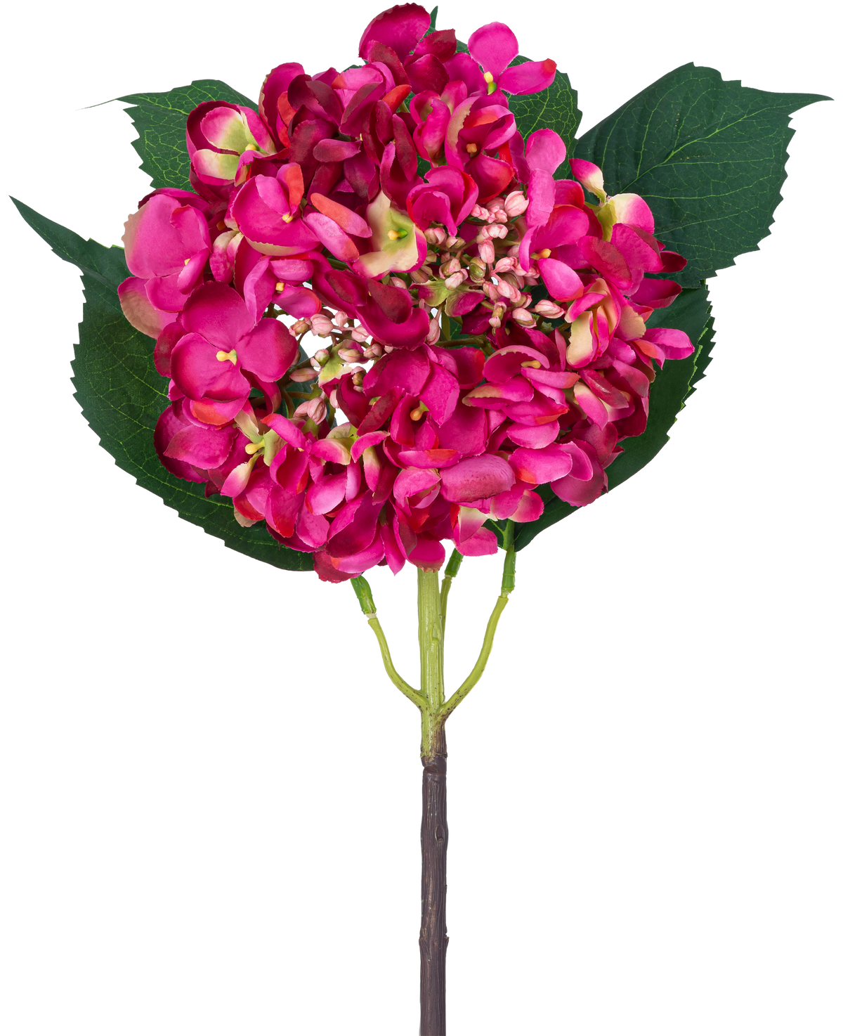 Un singolo fiore artificiale di ortensia da giardino di 61 cm di colore rosa e tre grandi foglie verdi su sfondo bianco.