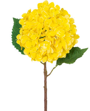 Il fiore artificiale Ortensia Real Touch giallo 58 cm ha una singola ortensia gialla con petali stratificati, due grandi foglie verdi e uno stelo marrone, su uno sfondo bianco semplice.