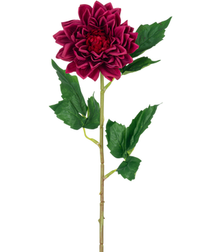 Il fiore artificiale Dalia Real Touch rosso scuro 54 cm ha un unico fiore dalia rosso intenso con foglie verdi su uno stelo, isolato su uno sfondo bianco.