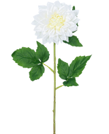 De Kunstbloem Dahlia Real Touch wit 54 cm heeft een enkele witte dahlia steel met een geel hart en groene bladeren, tegen een effen witte achtergrond.