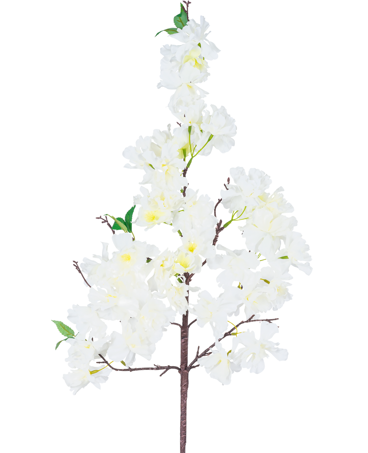 Il fiore di ciliegio artificiale in seta bianco da 95 cm ha un ramo singolo con mazzi di fiori di ciliegio artificiali bianchi e alcune foglie verdi, su uno sfondo bianco semplice.