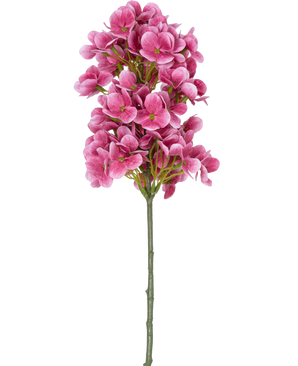 Een enkele steel van de Kunstbloem Sneeuwbal Real Touch Roze 58 cm, met trosjes felroze kunsthortensia-achtige bloemen met een groen hart, geïsoleerd op een witte achtergrond.
