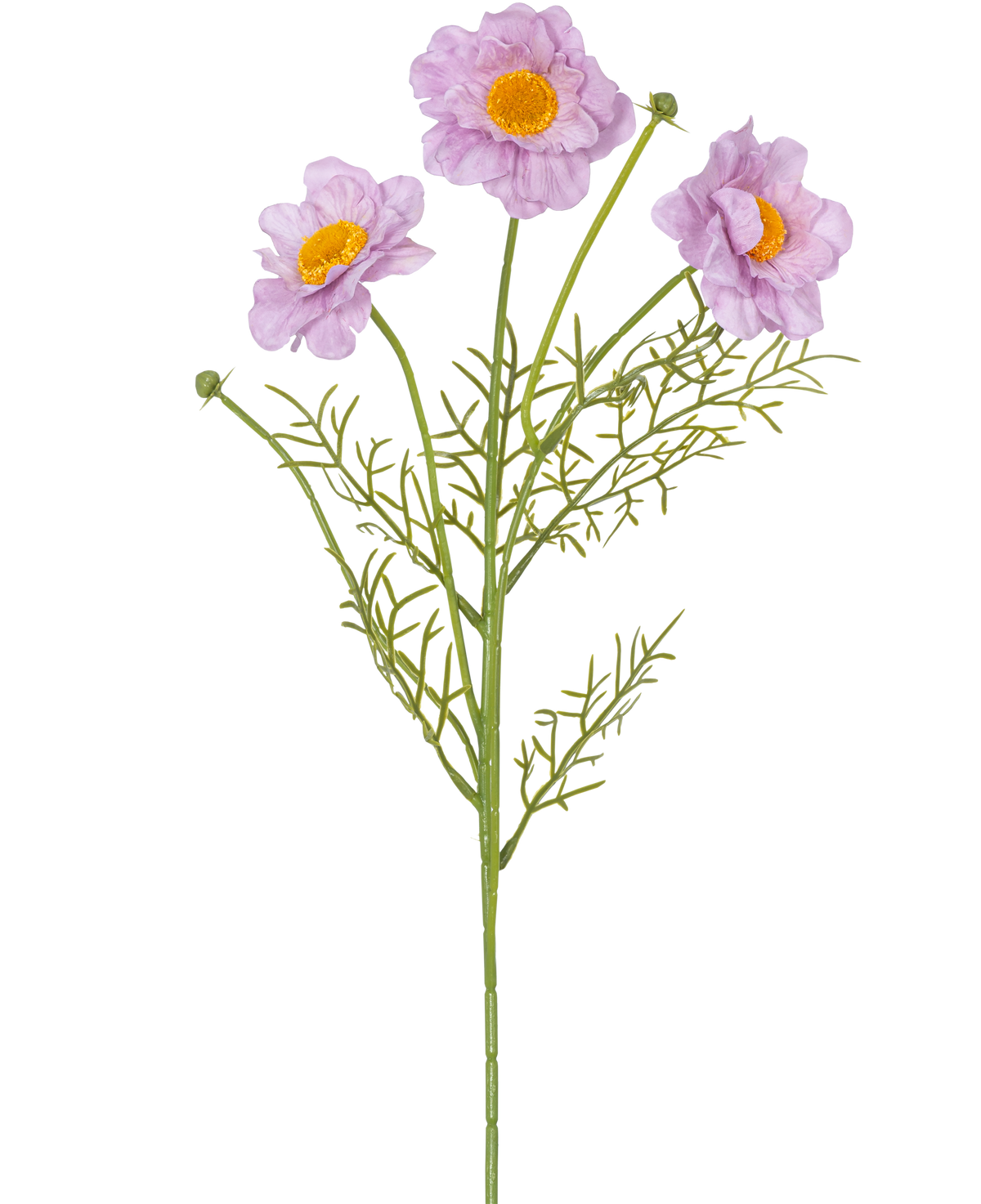 Il collare per rose artificiali Real Touch Purple da 50 cm ha un unico stelo verde con tre fiori viola chiaro con centri gialli e foglie leggerissime, su uno sfondo bianco.
