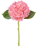 De Kunstbloem Charlotte hortensia Real Touch Roze 49 cm heeft een enkele roze hortensia met dichte, ronde trossen bloemblaadjes, twee groene bladeren en een lange groene steel op een witte achtergrond.