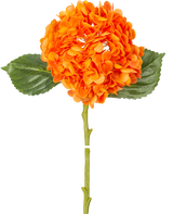 De Kunstbloem Charlotte hortensia Real Touch oranje 49 cm heeft een oranje hortensiabloem met realistische bloemblaadjes, groene bladeren en een lange steel, geïsoleerd op een witte achtergrond.