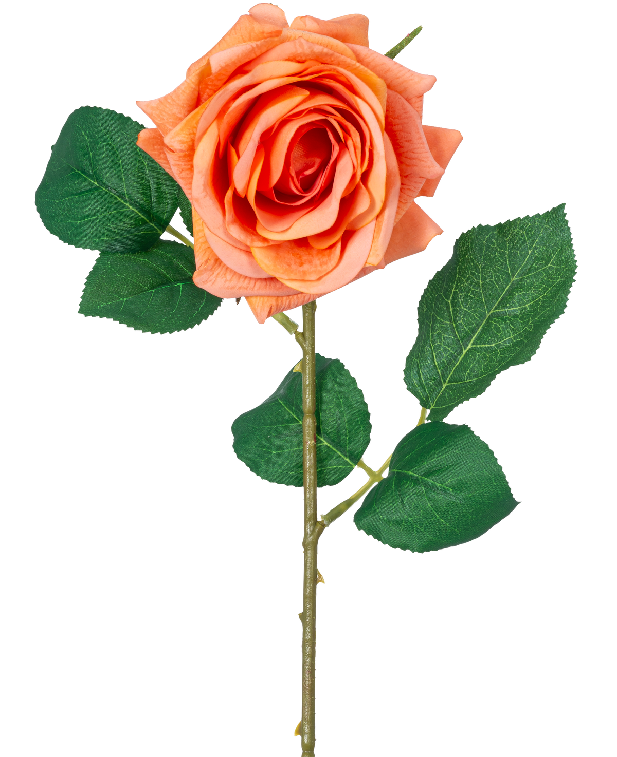 La rosa idratante fiore artificiale Crystal Touch ha un fiore arancione Real Touch con foglie verdi e uno stelo lungo 43 cm, su uno sfondo bianco semplice.