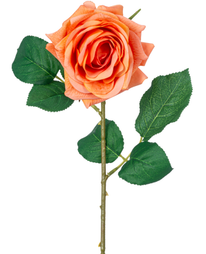 La rosa idratante fiore artificiale Crystal Touch ha un fiore arancione Real Touch con foglie verdi e uno stelo lungo 43 cm, su uno sfondo bianco semplice.