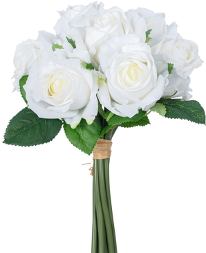 Het Kunstrozenboeket 7 Rozen Real Touch Wit 30 cm heeft een boeket van witte kunstrozen met groene bladeren, de stelen gebonden door een bruine rubberen band, afgebeeld tegen een effen witte achtergrond.