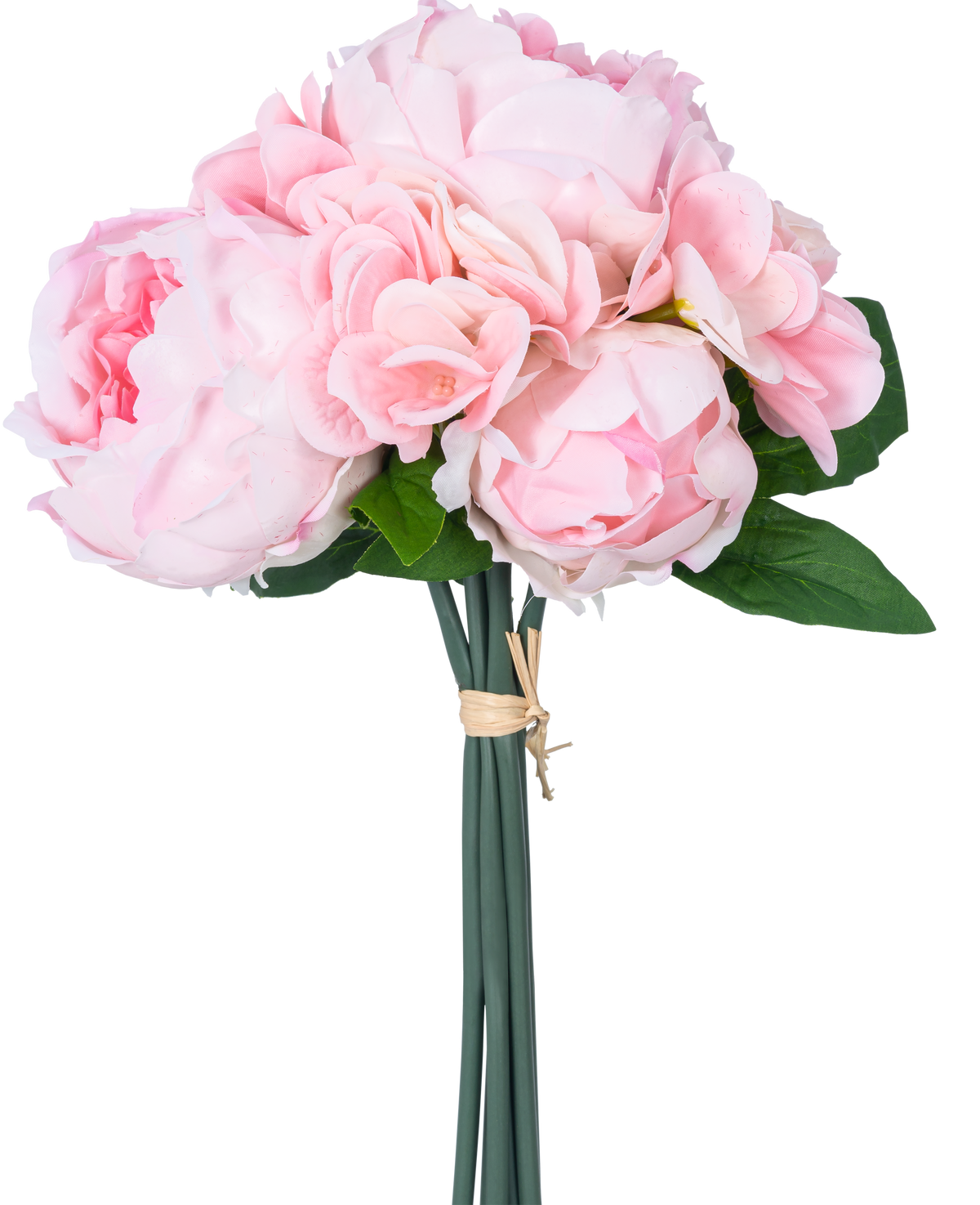 Il bouquet artificiale Mix Flowers Real Touch Pink 30 cm ha peonie e ortensie artificiali rosa chiaro con foglie verdi, legate insieme con una corda marrone, su uno sfondo bianco a tinta unita.