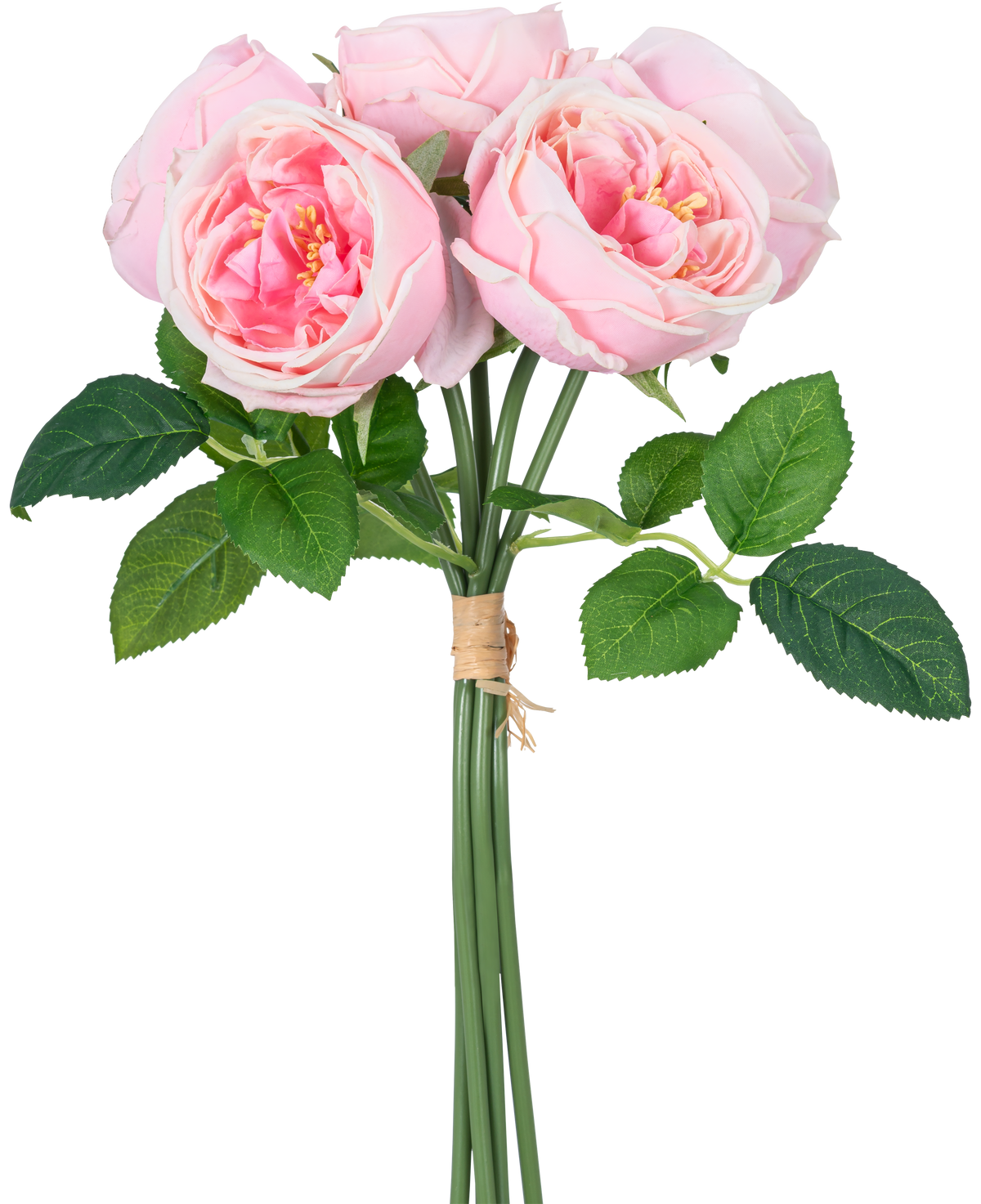 Il bouquet di rose artificiali "Carmen" Real Touch Pink 36 cm ha peonie rosa chiaro con foglie verdi, legate insieme con una corda marrone.