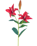 De Kunstbloem Lelie Real Touch rood 95 cm heeft een steel met twee open rode leliebloemen, een gesloten knop en verschillende groene bladeren, allemaal tegen een witte achtergrond.