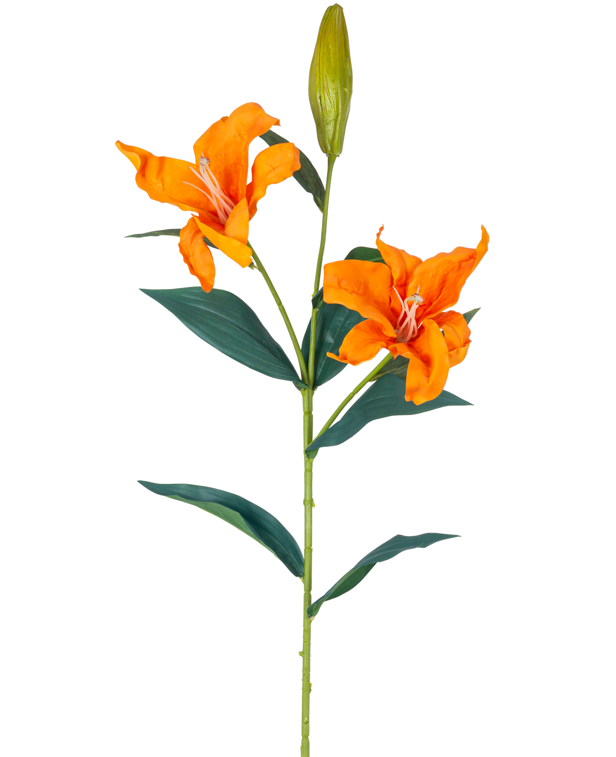 Il fiore artificiale Giglio Real Touch arancione 95 cm ha un unico stelo con due gigli arancioni aperti, un bocciolo chiuso nella parte superiore e foglie verdi lunghe e strette, il tutto su uno sfondo bianco.
