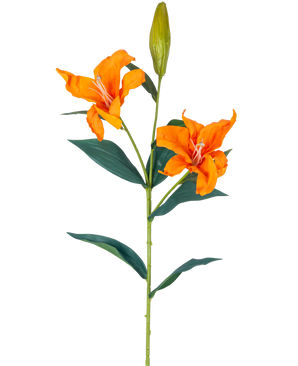 Il fiore artificiale Giglio Real Touch arancione 95 cm ha un unico stelo con due gigli arancioni aperti, un bocciolo chiuso nella parte superiore e foglie verdi lunghe e strette, il tutto su uno sfondo bianco.